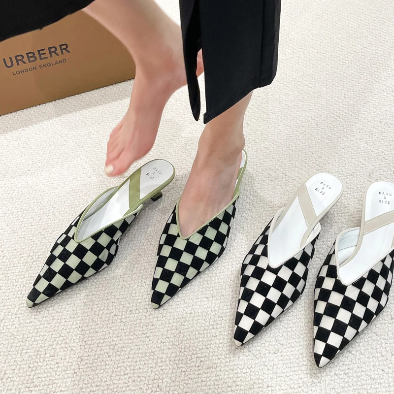 

2022 Spring New Green Pointed Toe Slip On Women Mules Shoes Thin Low Heel Shallow Slipper Fashion Checkered Slides Sandals