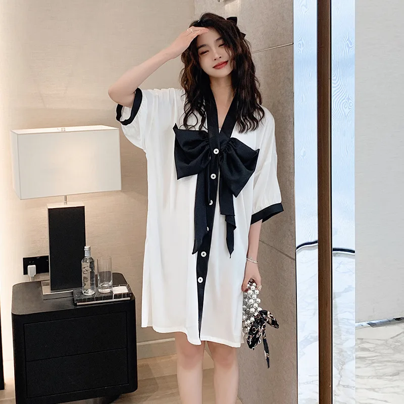 Roseheart Women Fashion White Sexy Sleepwear Lingerie Bow Faux Silk Loose V Neck Nightwear Homewear Nightgown Female Gown