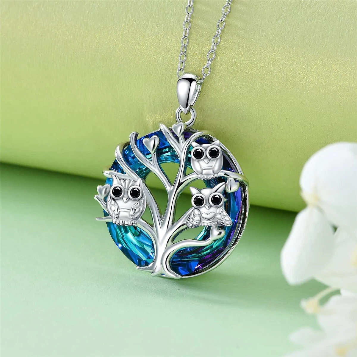 Великолепное синее кольцо с кристаллом Древа жизни и подвеской в ​​виде совы