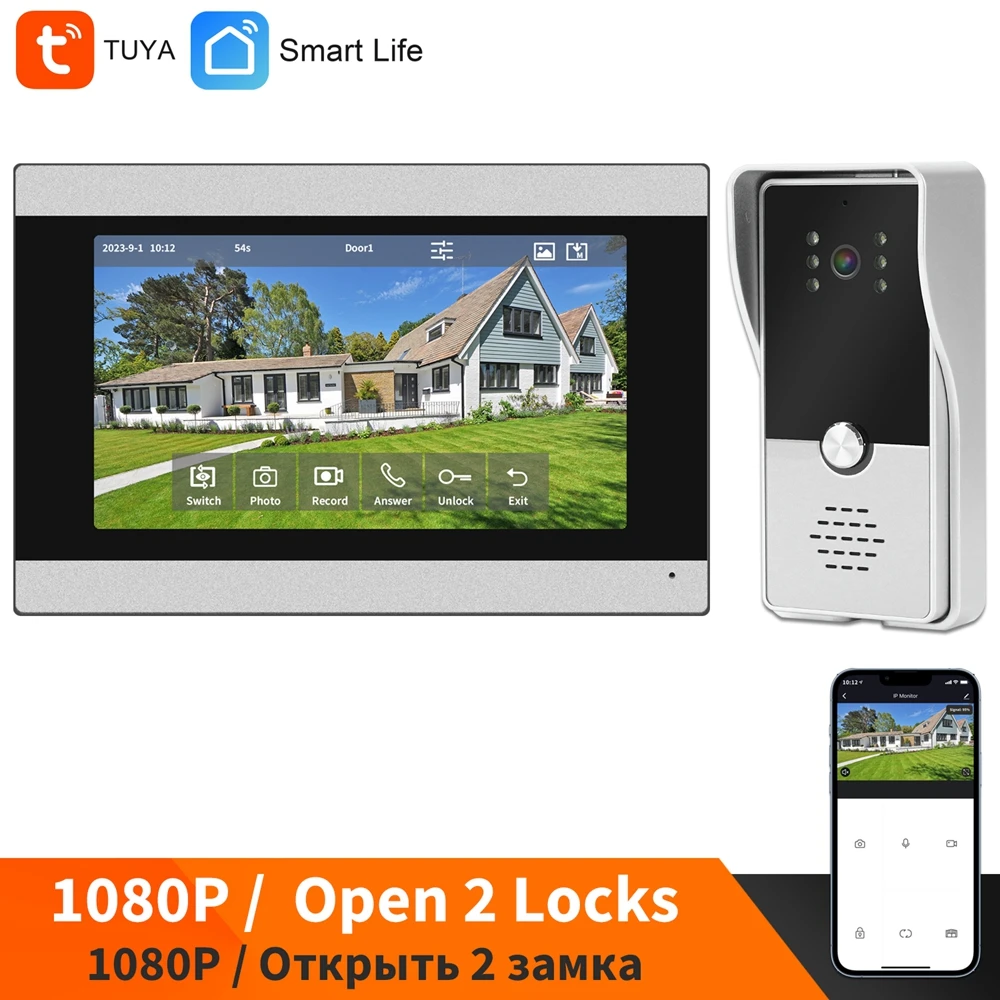 

HomeFong Видеодомофон Wi-Fi, видеодомофон для дома, умный дверной звонок tuya, 7-дюймовый сенсорный экран, запись обнаружения движения, открытие 2 электронных замков