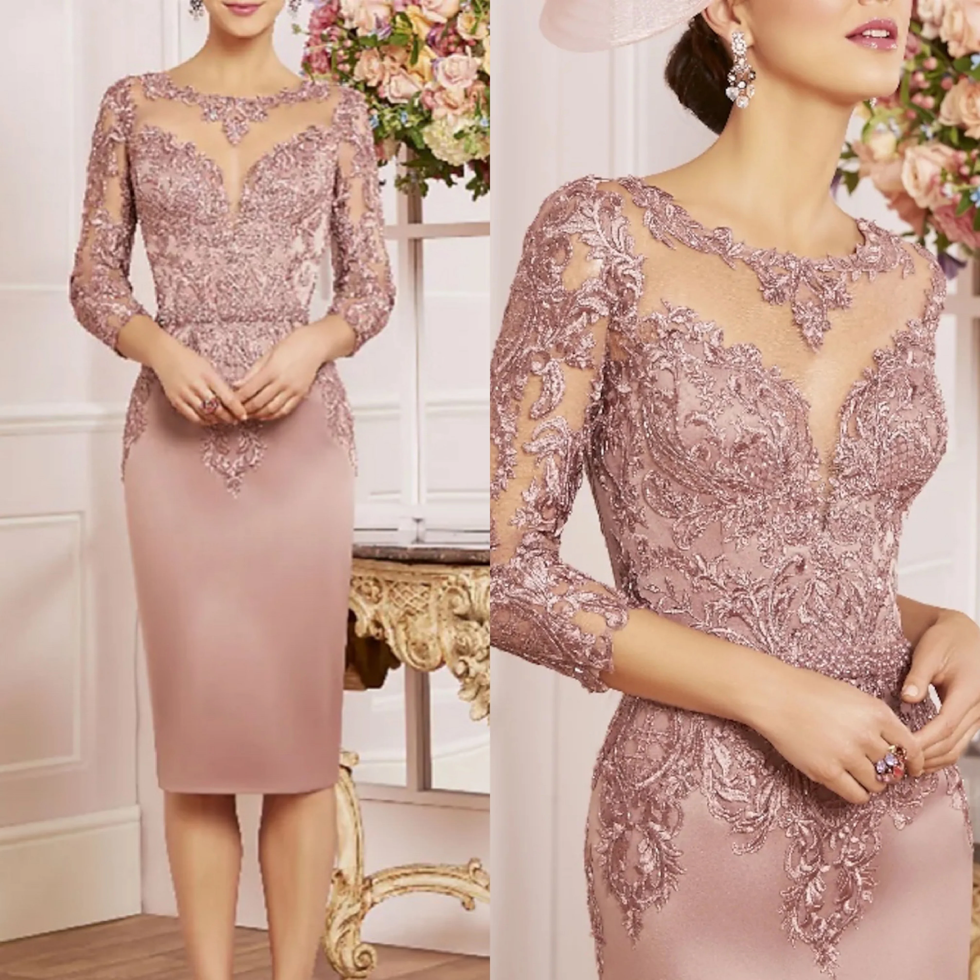 

Dusty Pink Mother Of The Bride Dresses 3/4 Sleeves Sheath Sheer Neck Appliqued Knee Lenght Groom Mother Evening Prom Dresses