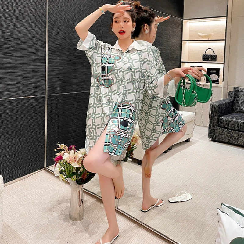 New ice silk couple pajamas Men's spring and summer simulation silk thin pajamas ladies sweet leopard print homewear suit