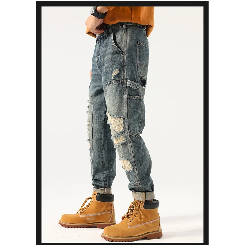 Streetwear Men 2022 New Pattern American Hole Blue Jeans Vintage Loose Recreational Straight Cylinder Trousers Autumn Female
