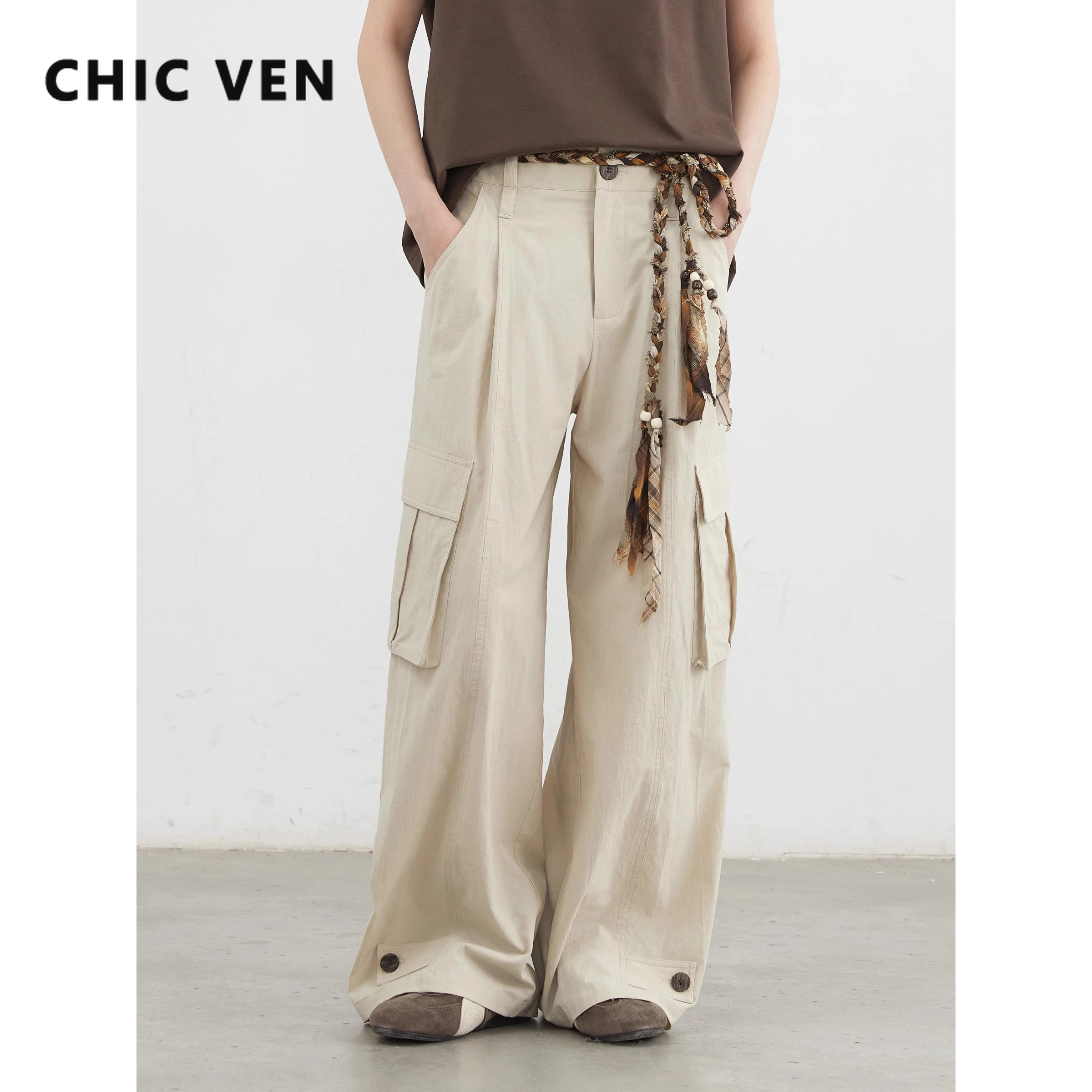 Фото CHIC VEN женские брюки свободные повседневные хлопковые рабочие брюки с высокой талией и широкими штанинами с большими карманами весна-лето 2025 №1