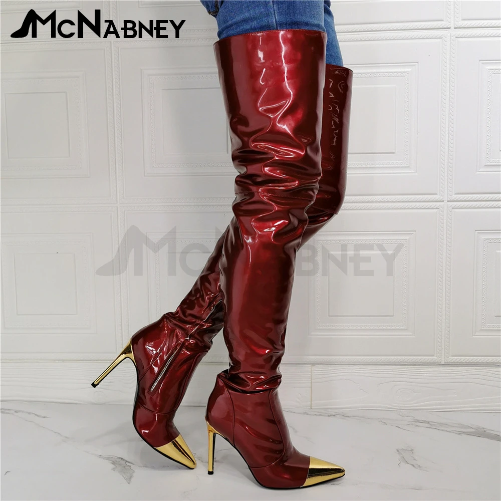 Burgundy Boots Pointed Toe Stiletto Knee Boots Gold and Red Mixed Colour Knee Boots Metallic Heels Large Size Winter Shoes Sale