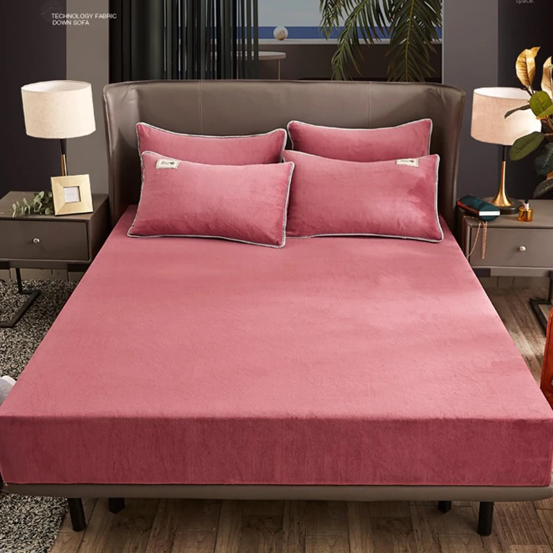 

Brief Autumn Winter Home Warm Velet Fitted Bed Sheet Pure Color All Around with Elastic Band Linens Single Double sheet