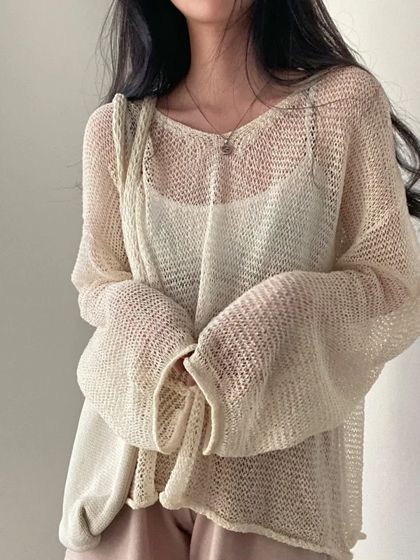 Женский свободный топ с длинными рукавами вязаный солнцезащитный корейский во