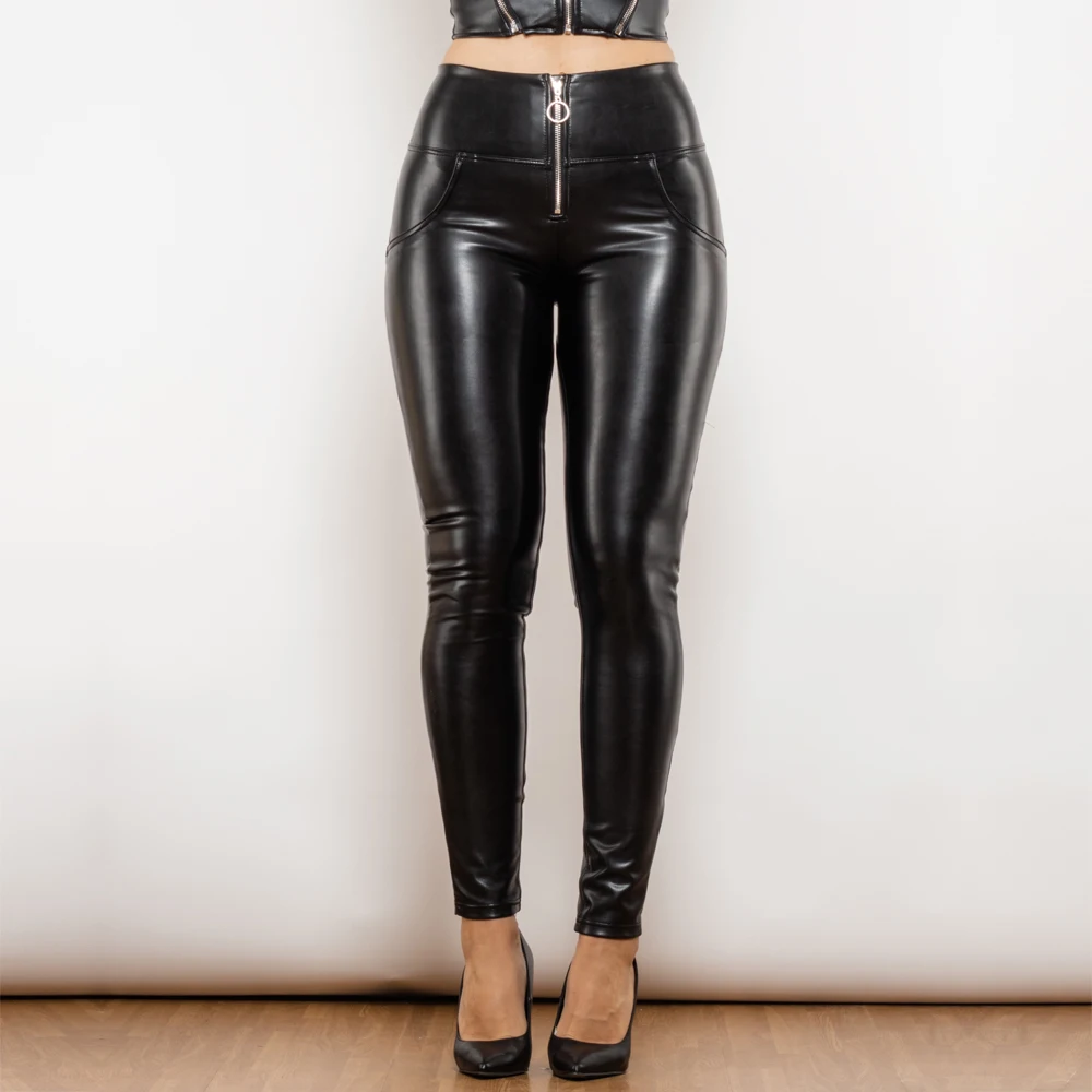 Shascullfites Melody Shiny Black Faux Leather High Waist Pants with Ring Zipper Elastic Push Up Leather Leggings