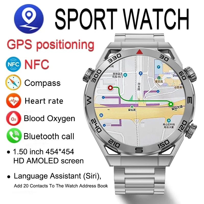 

For Huawei 2023 NFC Smart Watch Men GPS Track 454*454 HD Screen Compass Heart Rate BT Call IP68 Waterproof SmartWatch For Women