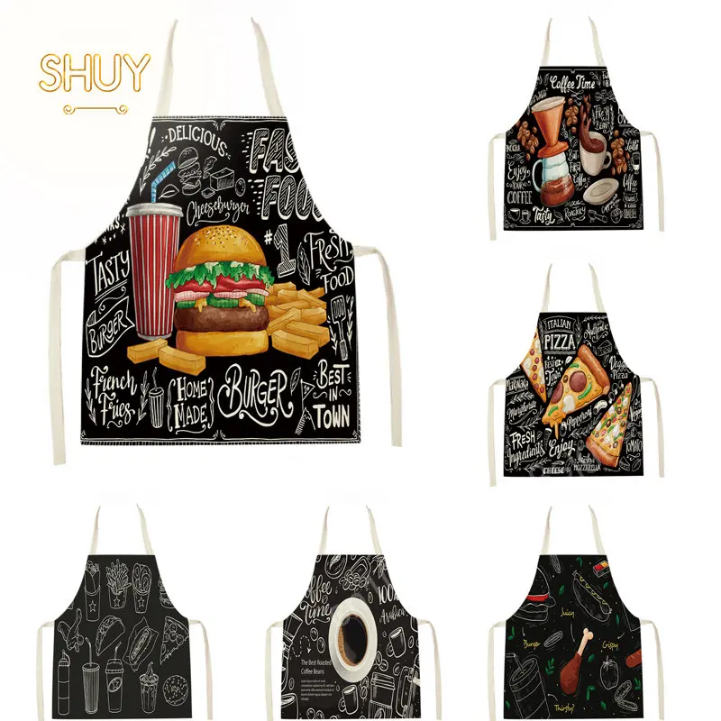 

Hamburger Coffee Pattern Kitchen Aprons Linen Chef Cooking Baking Home Cafe Restaurant Waiter Cleaning Adults Bib BBQ Kids Apron