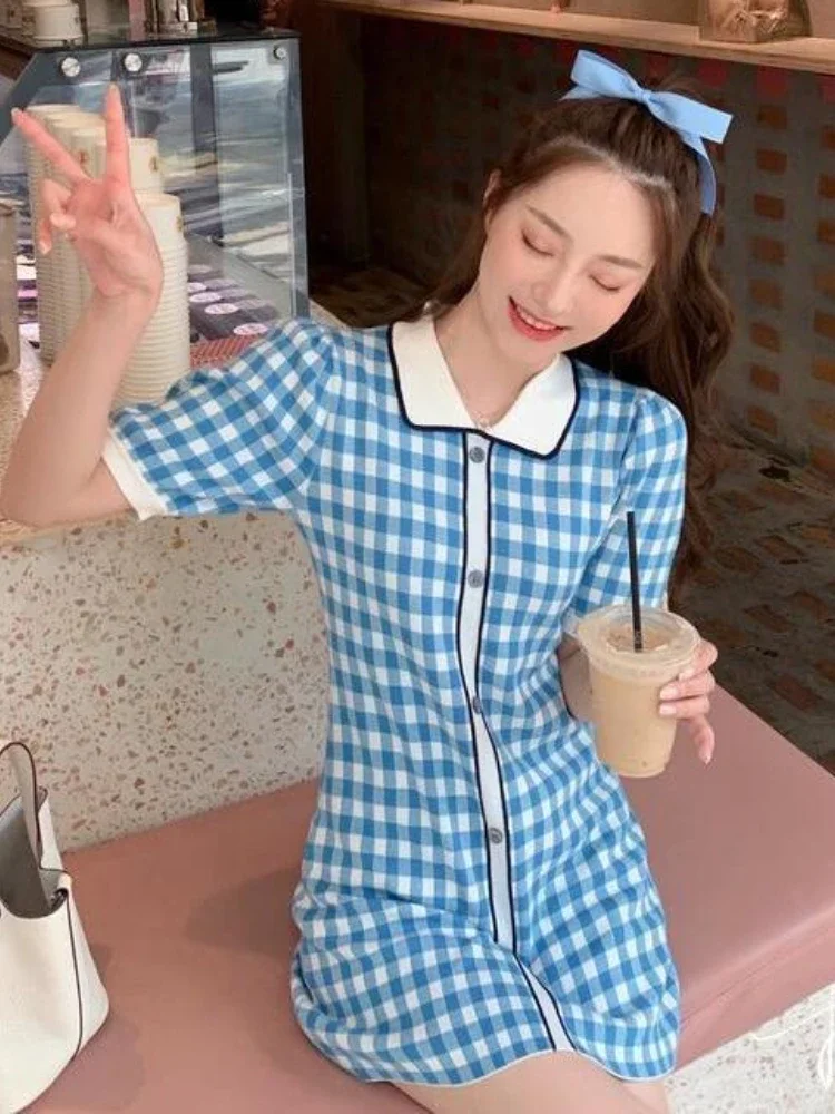 Винтажное клетчатое трикотажное платье Woherb женское летнее однобортное