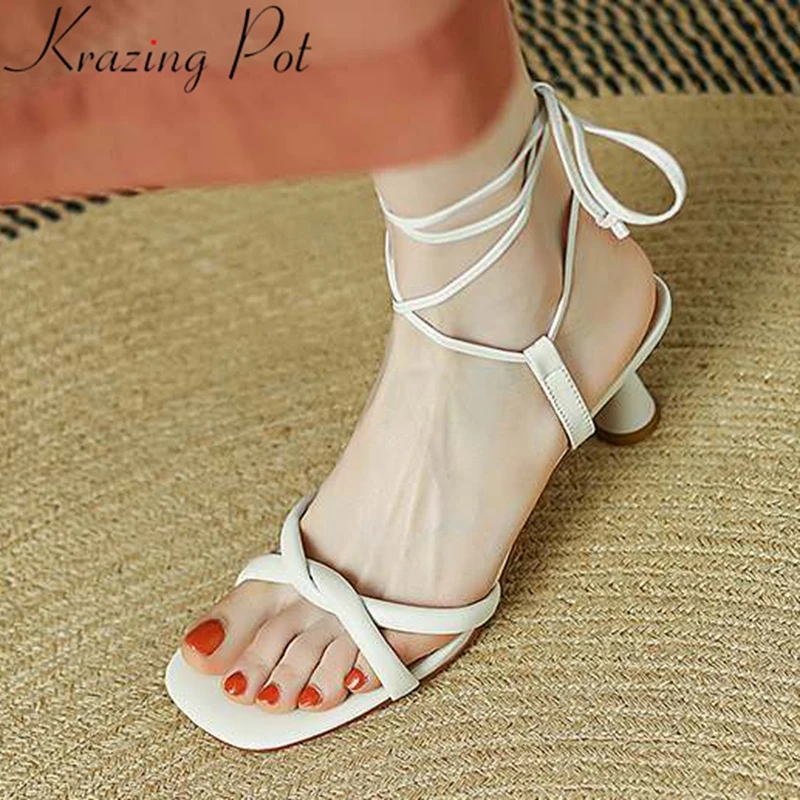 

Krazing Pot genuine leather ankle lace up elegant strange style high heels plus size 43 fashion peep toe gladiator women sandals