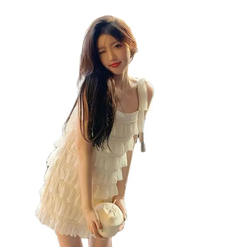 

French Heavy Design Halter Embroidery Dress Elegant Female Summer Sweet First Love Sense Chiffon Sleeveless Layer Cake Dresses