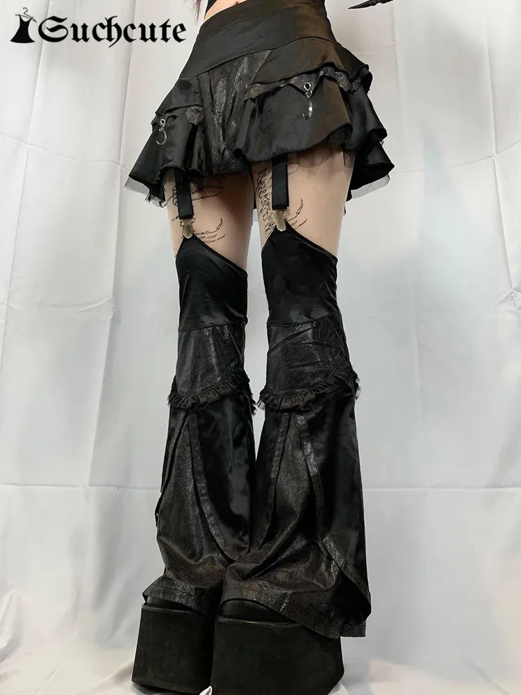 SUCHCUTE Gothic Leather Patchwork Mini Skirts With Trouser Leg Women Lolita Grunge Skirt Dark Academic Streetwear Punk Clothes