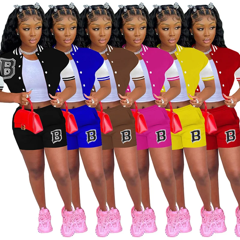 

Patchwork 2 Pieces Tracksuit Shorts Sets Women Short Sleeve Button Up Crop Top and Biker Shorts Letter Printed Summer Outfits