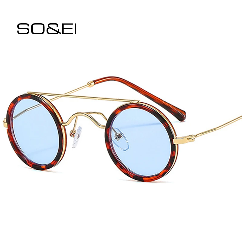 

SO&EI Ins Popular Fashion Small Round Sunglasses Women Vintage Metal Punk Eyewear Men Clear Ocean Lens Shades UV400 Sun Glasses