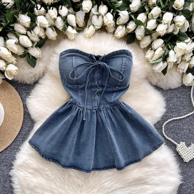 Женский джинсовый топ в стиле пэчворк с оборками и поясом