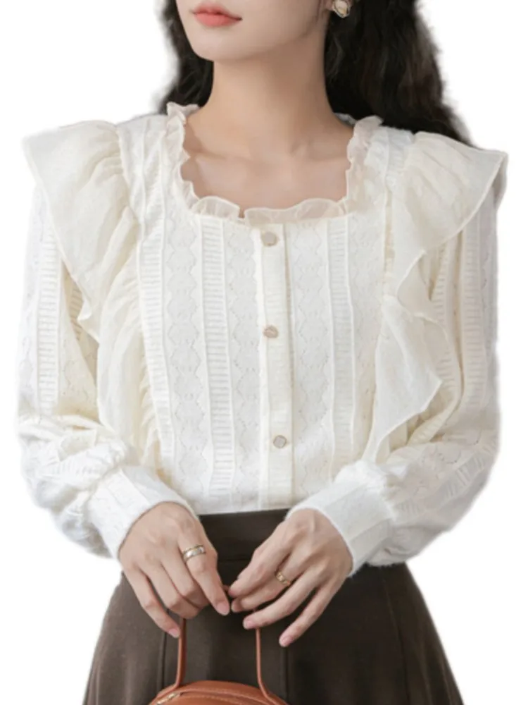 Осенние рубашки с оборками блузки корейские однотонные элегантные и молодежные