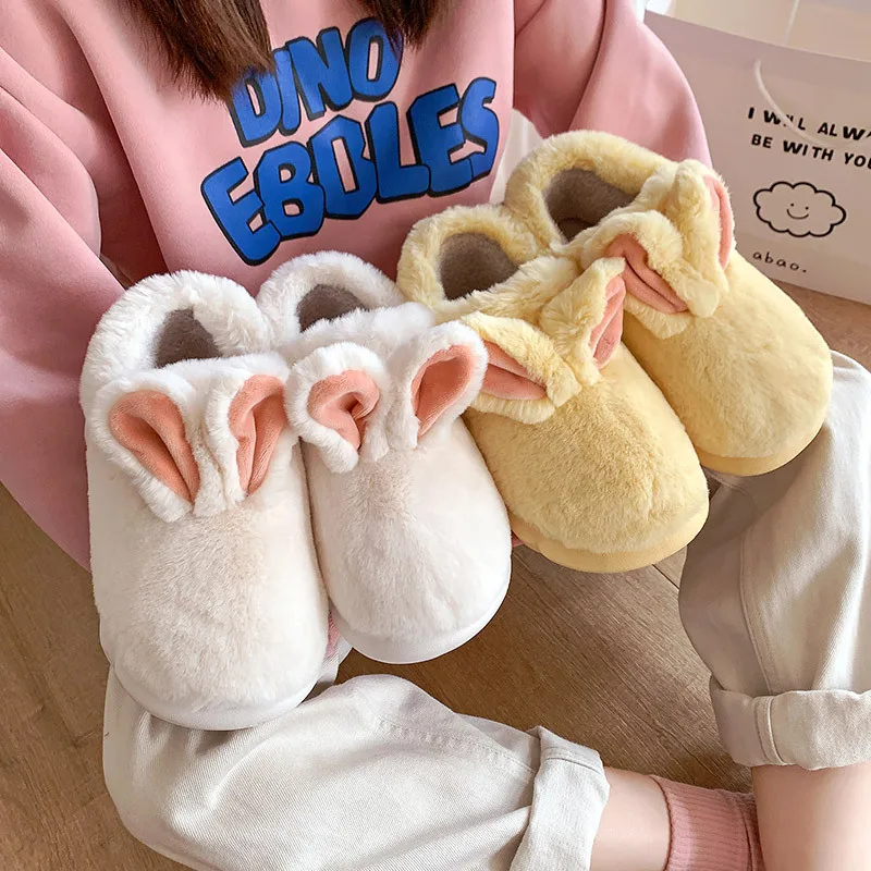 Cute Rabbit Cotton Slippers Woman Cute Cartoon Plush Shoes Slides Winter Indoor Warm Fluffy Platform Female Home Cotton Slipper