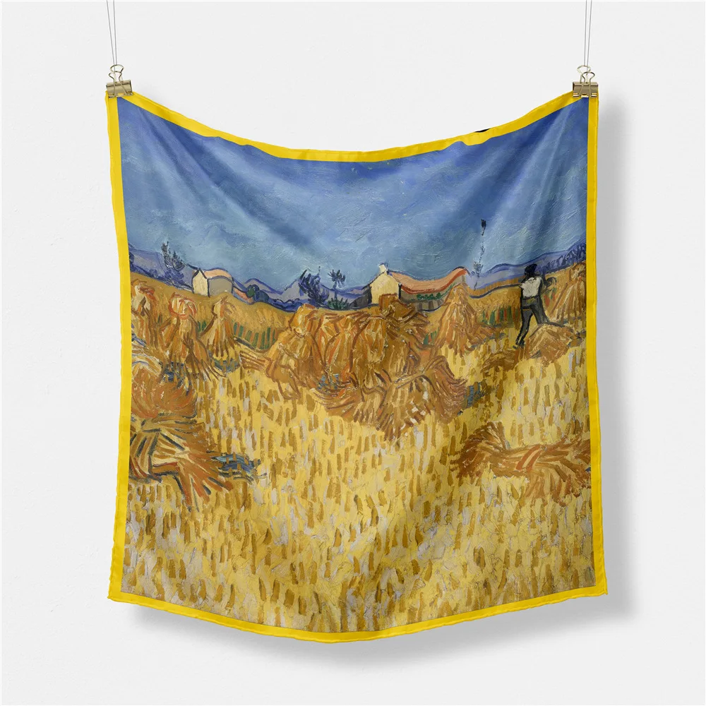 

Square Scarf 53cm*53cm Van Gogh Harvest In Provence Women Silk Scarves Hijab Tie Fashion Muslim Headband Neckerchief For Ladies