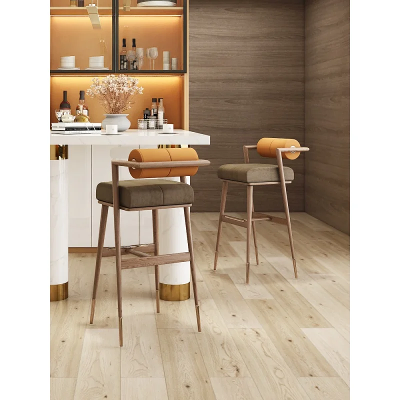

Nordic solid wood bar chair simple modern stainless steel high stool light luxury metal front desk chair household back bar stoo