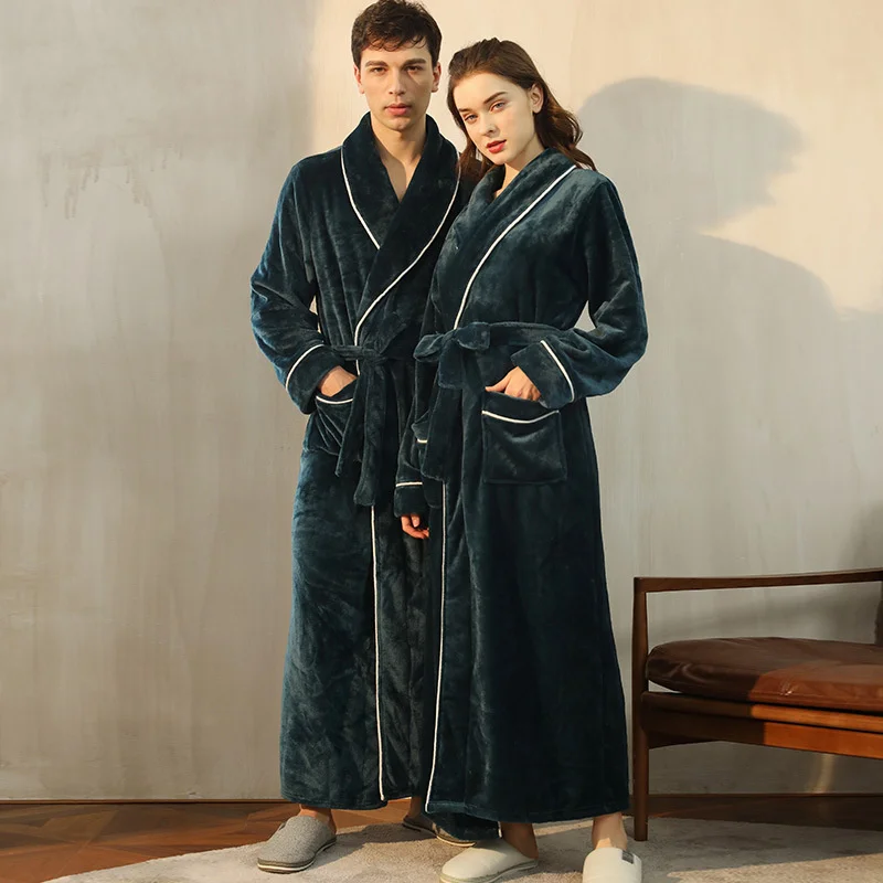 End of the year ins flannel Nightgown men's simple large coral velvet couple bathrobe women's autumn and winter long style thick