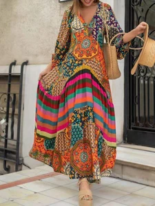 Retro Boho Print Dress Spring Summer V-neck Pleated Drape Maxi Dress Casual Loose Lantern Sleeve Stitching Party Dresses Mujer