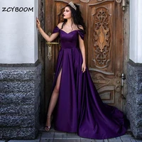 simple purple a line 2022 evening dresses satin off the shoulder sexy high split party gowns lace up back sweep train prom gowns