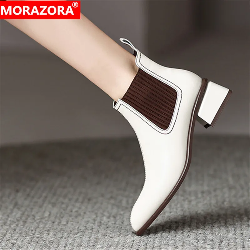 

MORAZORA 2023 New Square Med Heels Ankle Boots Winter Sheepskin Chelsea Women Boots Slip On Ladies Mixed Colors Boots