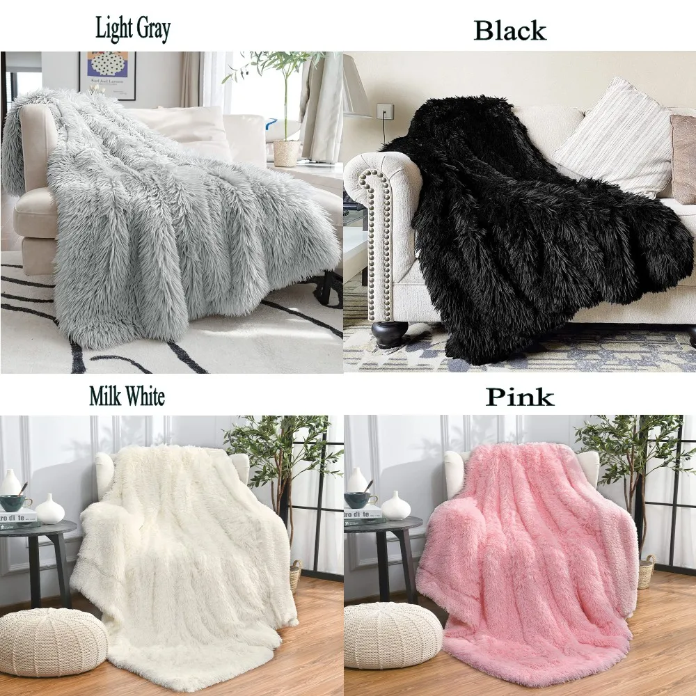 Soft Fuzzy Faux Fur Throw Blanket Cozy Plush Shaggy Full Queen Blankets for Bed