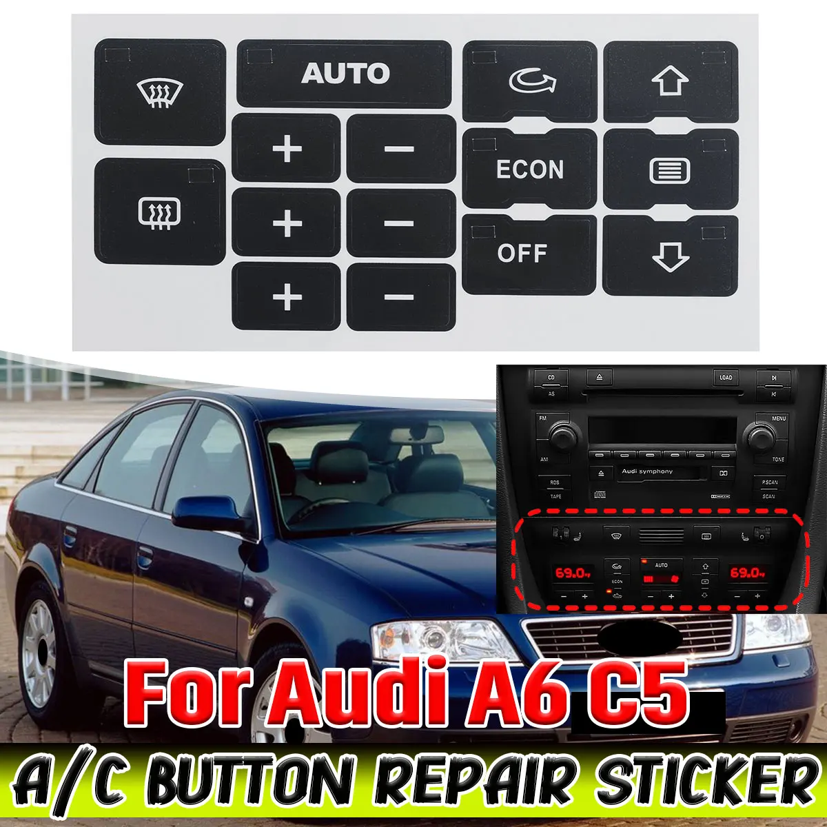 

Новая Автомобильная центральная консоль A/C, нагревательная кнопка, комплект для ремонта, кондиционер, климатический контроль, кнопка переключения, ремонт, наклейки для Audi A6 C5
