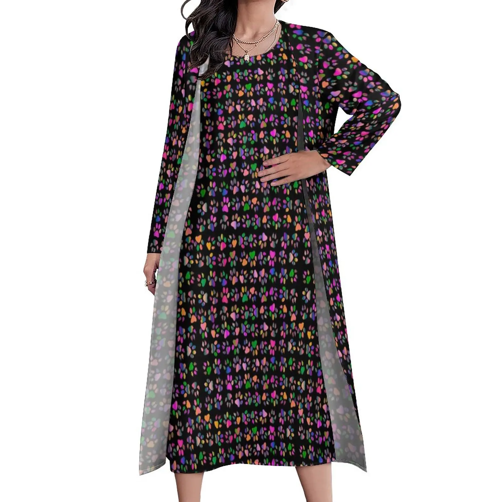 

Colorful Dog Paws Dress Rainbow Print Elegant Maxi Dress Streetwear Boho Beach Long Dresses Autumn Long Sleeve Graphic Clothing