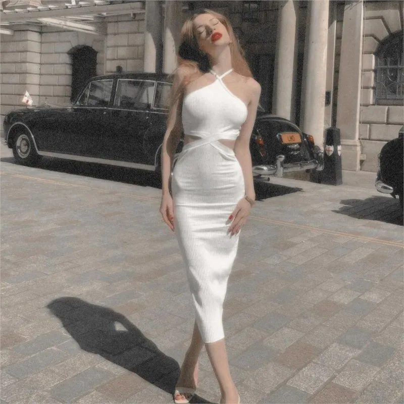 

Beach Dress Women 2023 Cover Up Pareo Clothes For Summer New Sexy Backless Spice Sleeveless Hollow Out Slim One Solid Spandex