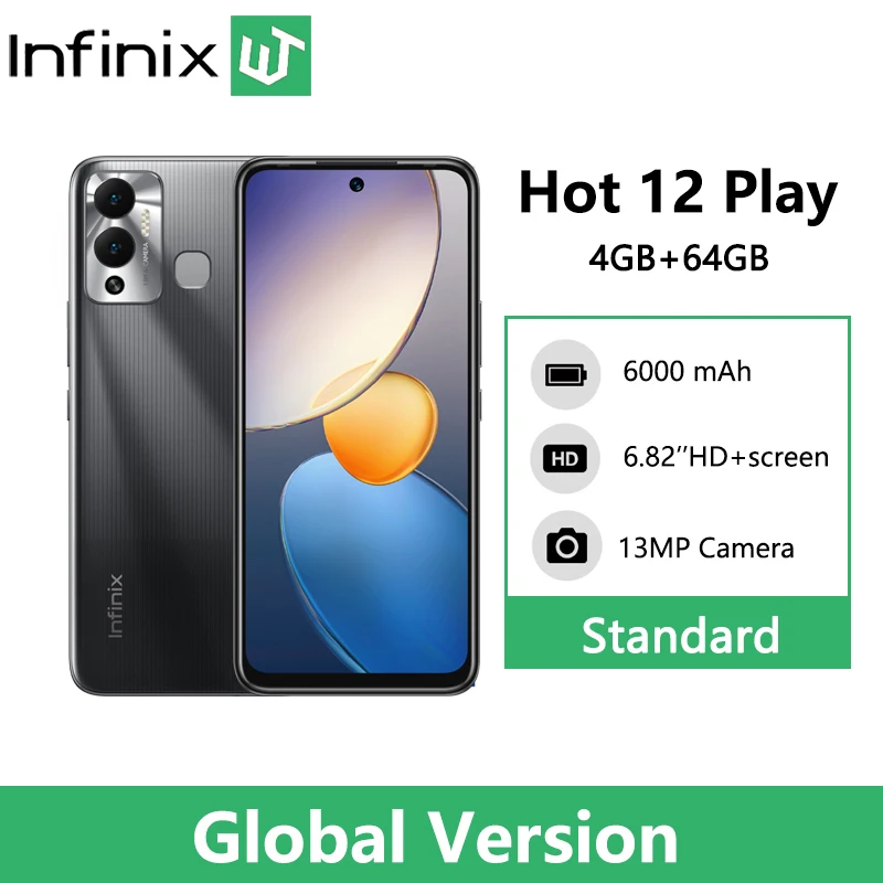 Infinix Hot 12 Play 4GB 64GB 6000mAh Smartphone Battery 6.82'' HD+ Display Helio G35 13MP AI Dual Rear Camera Android 11