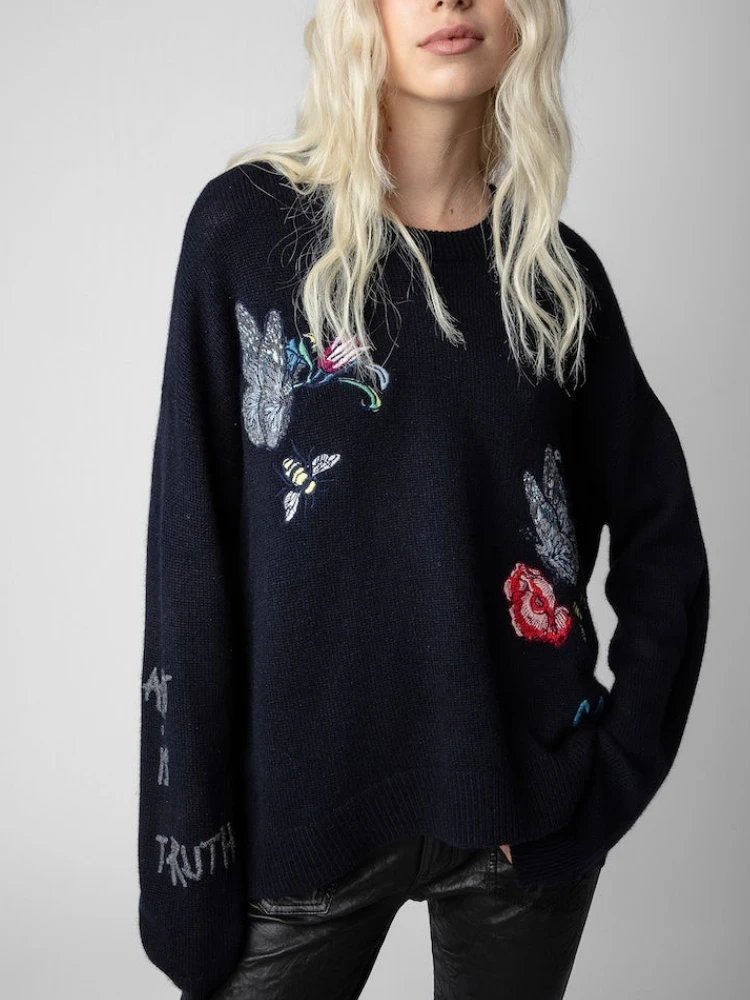

2022 New Autumn 100% Cashmere Pullover Butterfly Floral Letter Embroidery Long Sleeve Casual Pullover Sweater