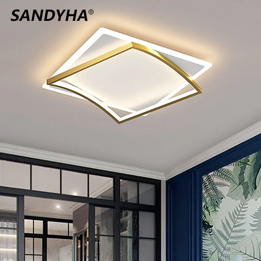 

SANDYHA New Square Modern LED Chandeliers Lights Dimming Luminaire Golden Bedroom Living Study Foyer Room Salon Lamps Household