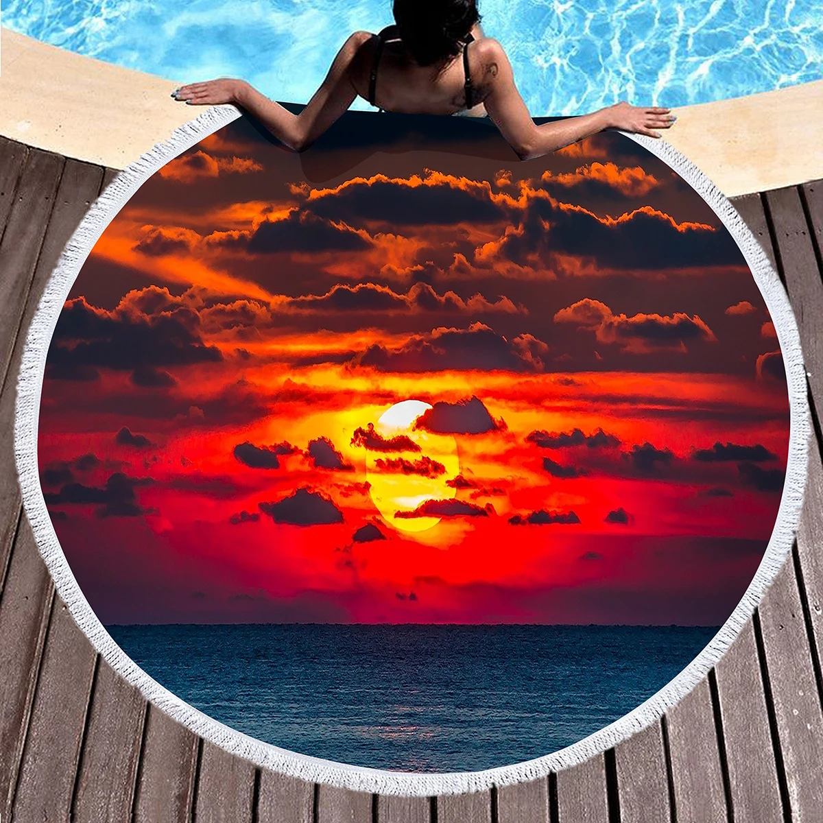 

Wonderful Sunrise Pattern Round Beach Towels,Polyester Sand Resistant Beach Blankets,Absorbent Quick Dry Pool Towels Picnic Mats