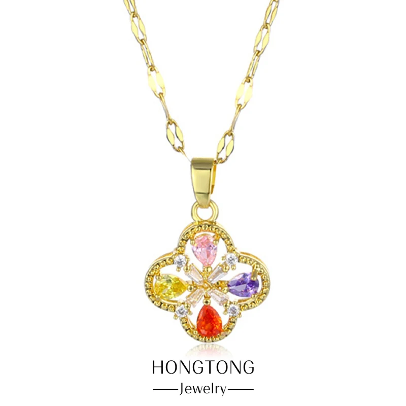 

HONGTONG Colorful Flowers Four-Leaf Zircon Pendant Necklace Temperament Girls Exquisite Clavicle Chain