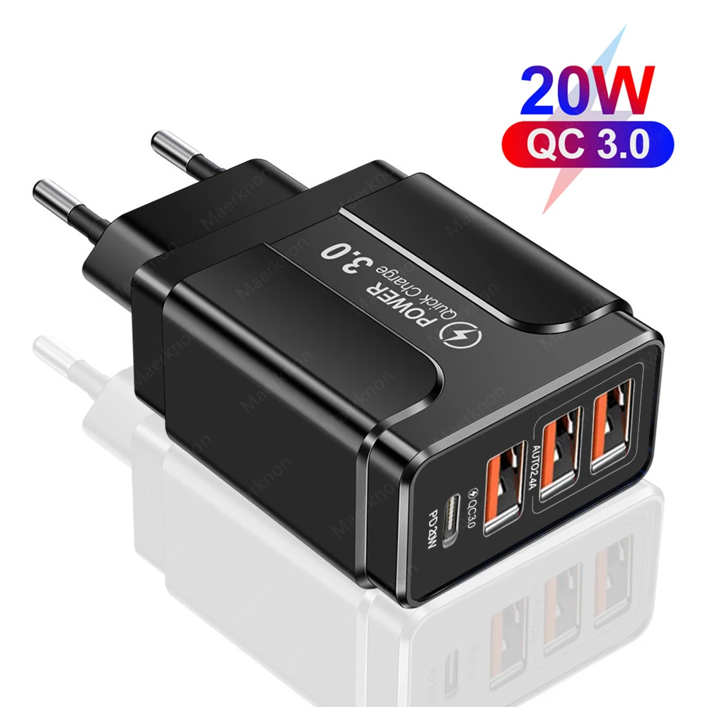 

4 USB Charger Quick Charge 3.0 PD Type C Fast Charging Cell Phone Adapter For iPhone 13 12 Pro Samsung Xiaomi EU/US Plug Charger