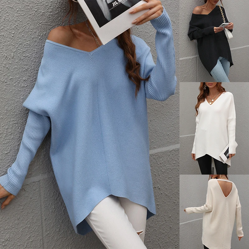 

2022 New Women Sweater Sexy Back V-neck Knitted Jumper Solid Color Pullovers Winter Loose Casual Tops Fashion Ladies Streetwear