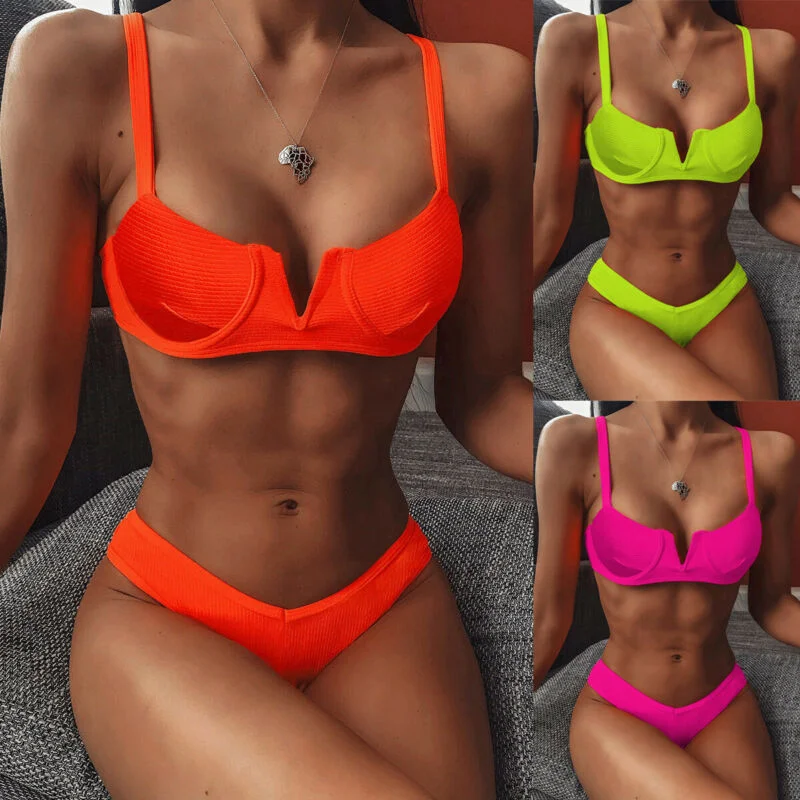 

Summer V Cut Bikini Set Push-up Padded Bra Swimsuit Beachwear Sexy Women's Bather Neon Orange Swimwear High Leg Beachwear