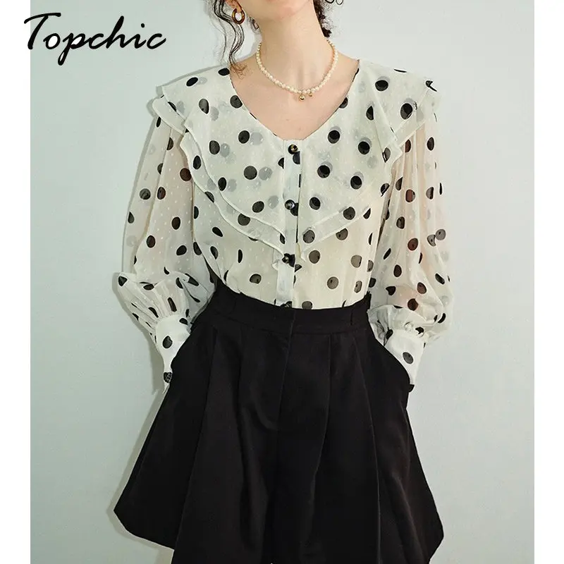 

Elegant Ruffles Chiffon Blouses Women Spring Vintage White Black Polka Dot Blusa Mujer Moda 2023 Runway Designer Tops Femme