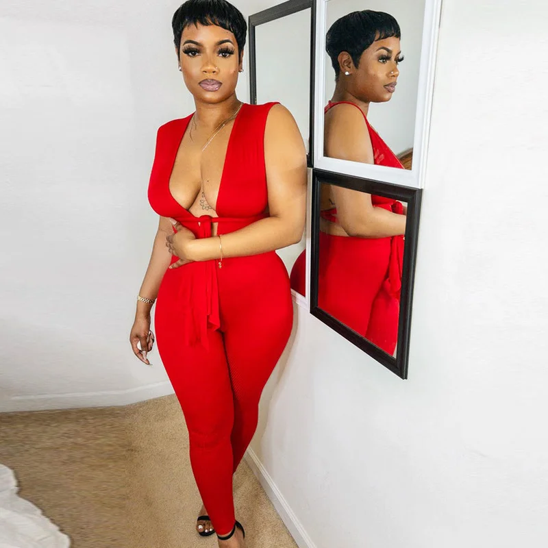 

WUHE Sleeveless Bandage Lace Up Ribbed Stretch Summer Jumpsuit V-neck Sexy Rompers Women Clothing Street Party Club Overalls