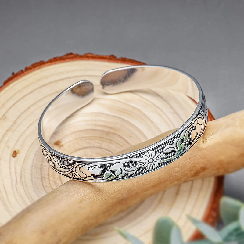 

Vintage Fashion Silver Color Lotus Flower Open Cuff Bangle for Women Girls Ethnic Style Lotus Leaf Bracelet Party Jewelry Gifts