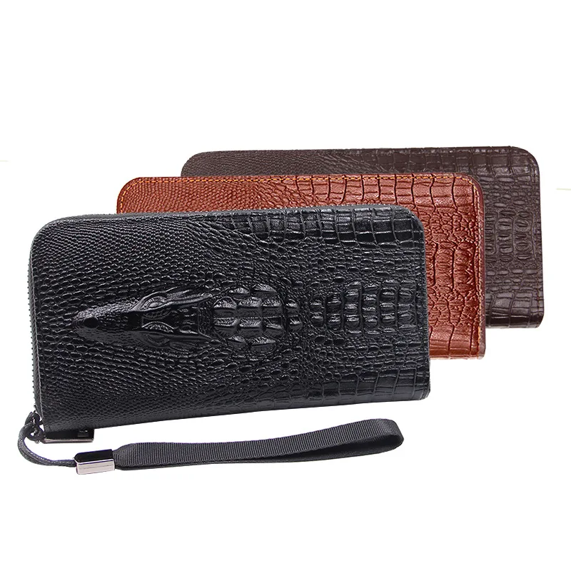 Business Men's Wallet Genuine PU Leather Clutch Purse Men Zipper Fashion Long Crocodile Pattern Hand Bag Man Card Holder Purse