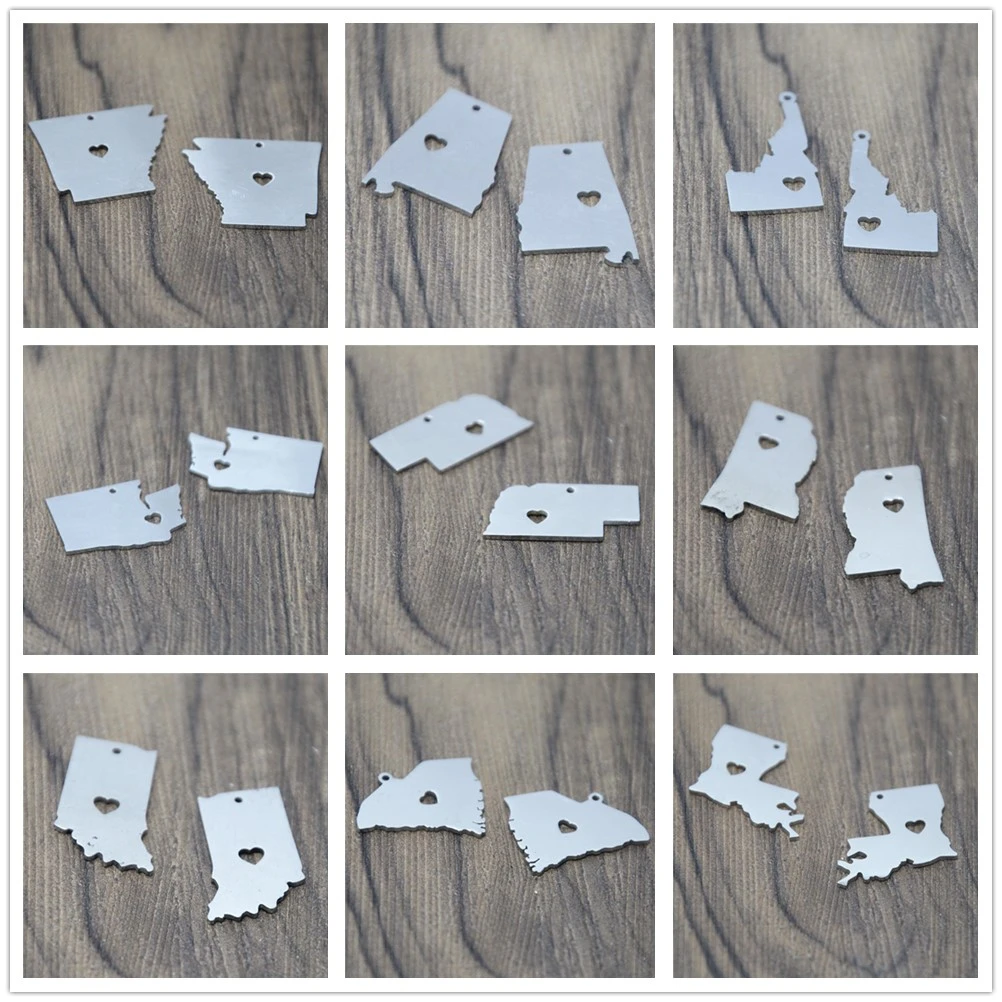 5 шт./лот Шарм карты штата США Серебряный тон Нью-Йорк Вашингтон Миссисипи Индиана Гавайский Нью-Джерси Арканзас Алабама Луизиана...