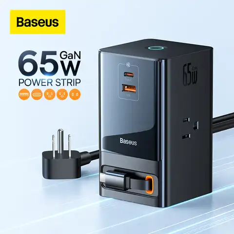 Baseus 65 Вт GaN блок питания USB C зарядное устройство 3AC адаптер питания штепсельная вилка США портативная умная розетка с сенсорным управлением ...