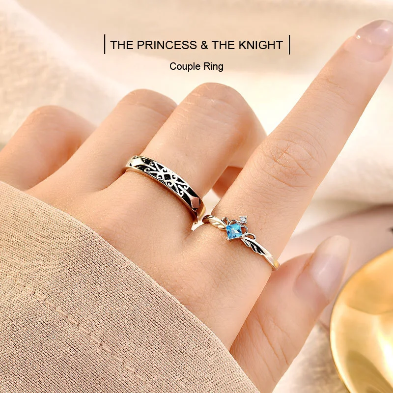 

S925 Sterling Silver Princess and Knight Retro Wedding Rings for Couples Valentine's Day Anniversary Fine Jewelry Gift