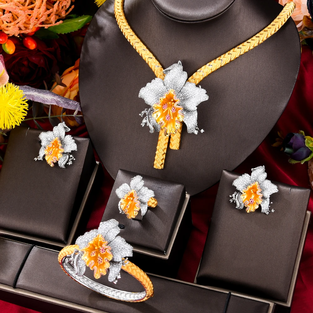 

Missvikki Luxury Gorgeous Flower Necklace Bangle Earrings Ring Jewelry Set 4pcs Trendy Shiny Gift For Women Wedding High Quality