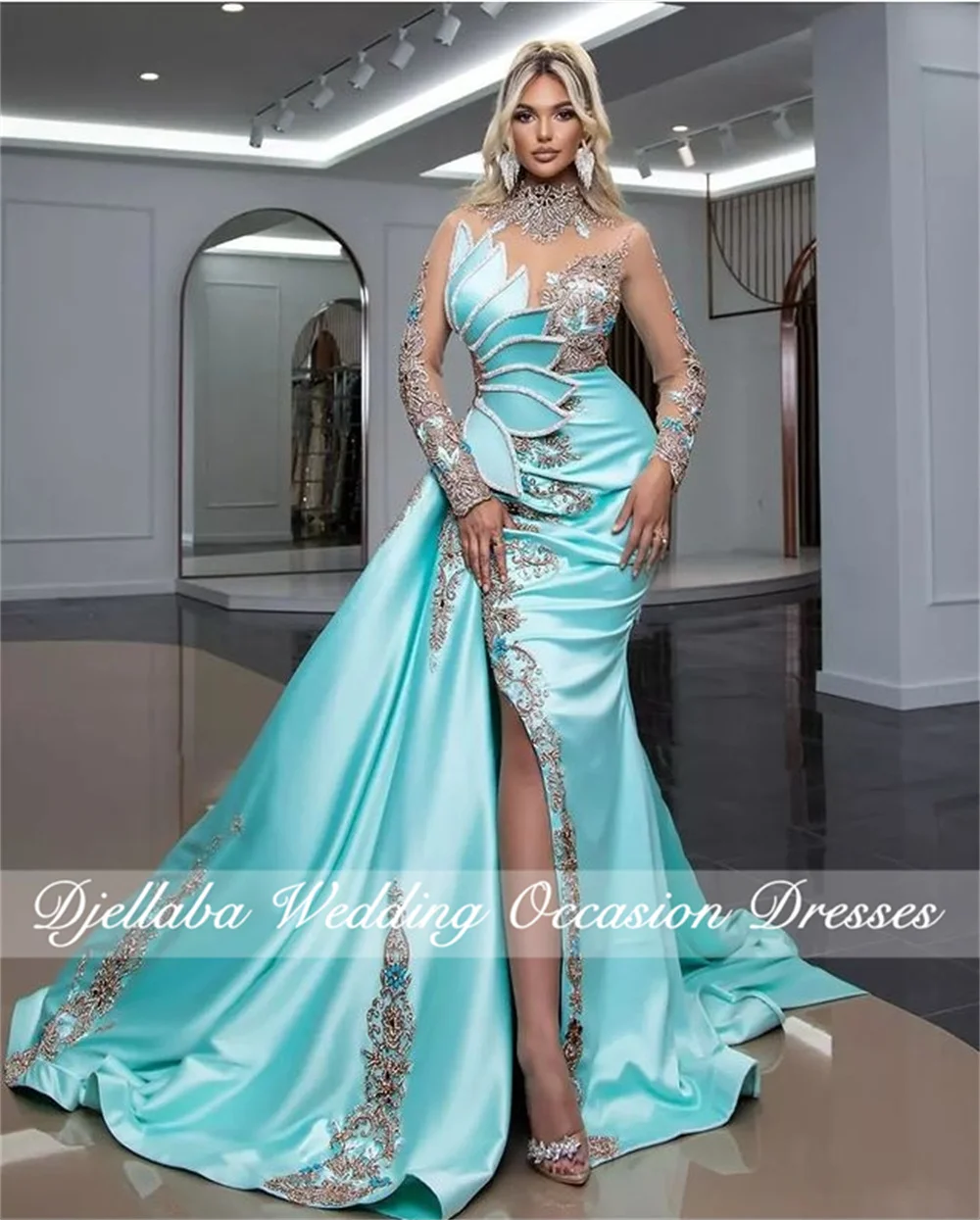 Luxury Dubai Crystals Appliques Mermaid Evening Dresses 2022 Sheer Sleeve Beaded Prom Gowns Celebrity Dress Robes De Soirée